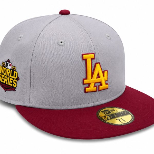 Grey baseball cap with a maroon brim, yellow LA logo on the front, and a 2020 World Series patch on the side.