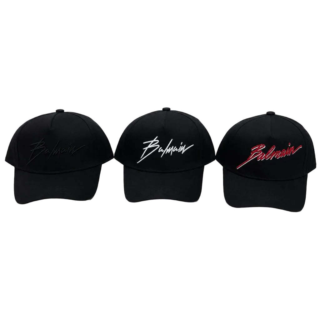 e237bf19-fa49-4bfa-8241-4f1166700686 Three black Balmain baseball caps with signature embroidery in gray, white, and red.