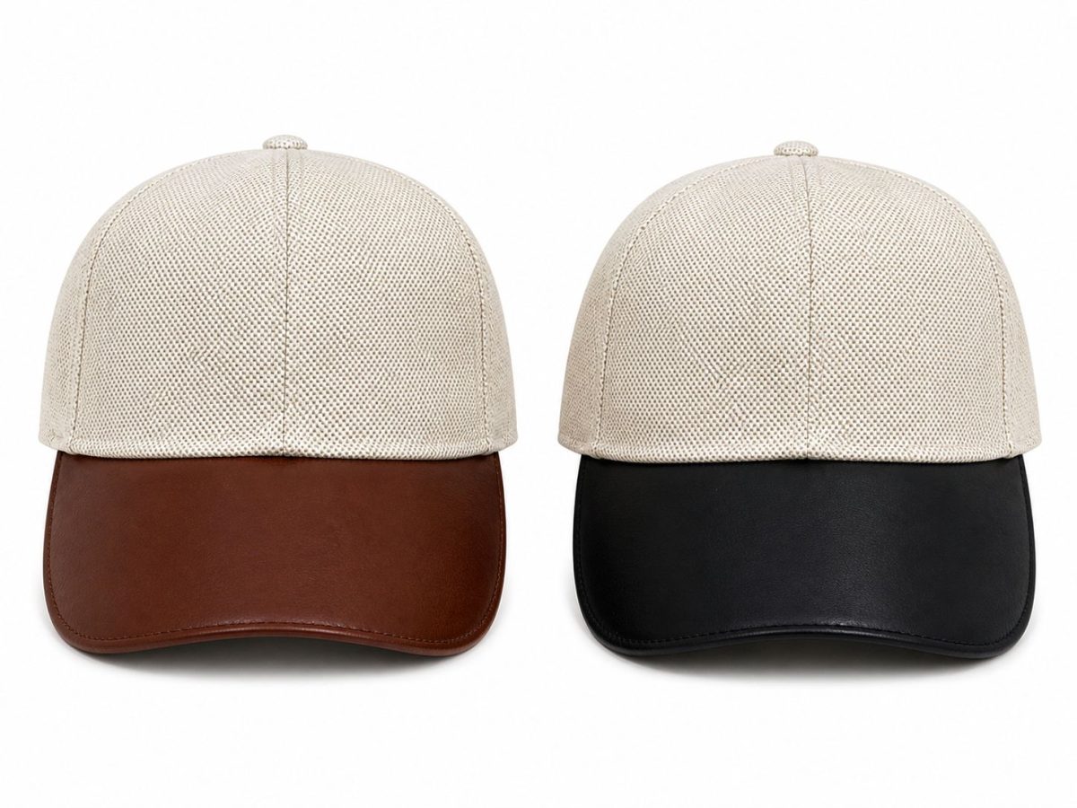 Pair of beige textured caps with contrasting brims—brown on the left, black on the right.