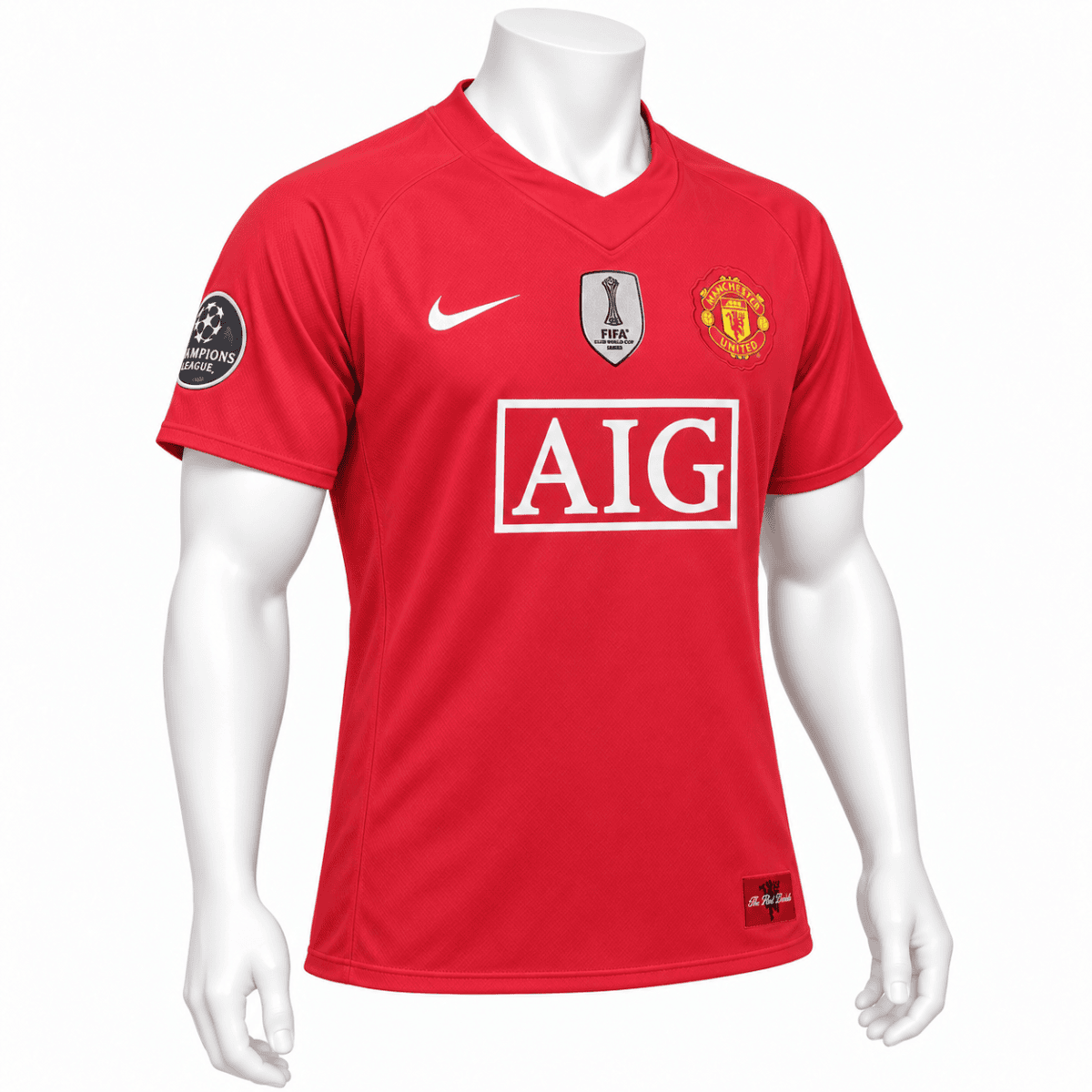Manchester United home jersey for 2008 UCL final, red with club crest and sponsor logo.