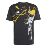 Black T-shirt featuring bold yellow lightning graphic, Real Madrid crest, and a silver armored figure on the right.