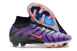 Purple and black Nike soccer cleat with an orange swoosh and a blue Zoom Air sole plate showing through the top panel.