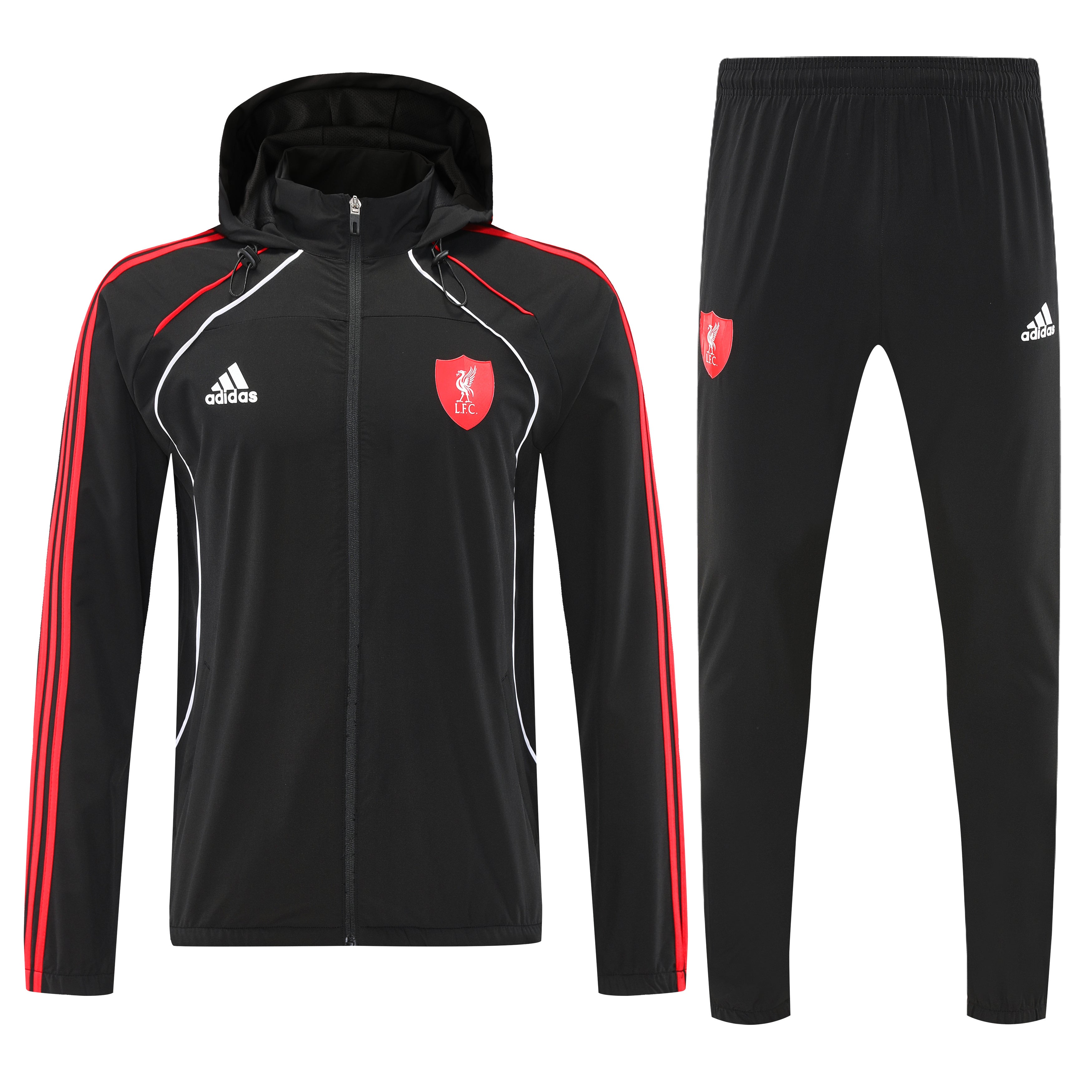e3ca6116 Black Liverpool FC Adidas tracksuit jacket and matching pants with red piping and crest, front zip.