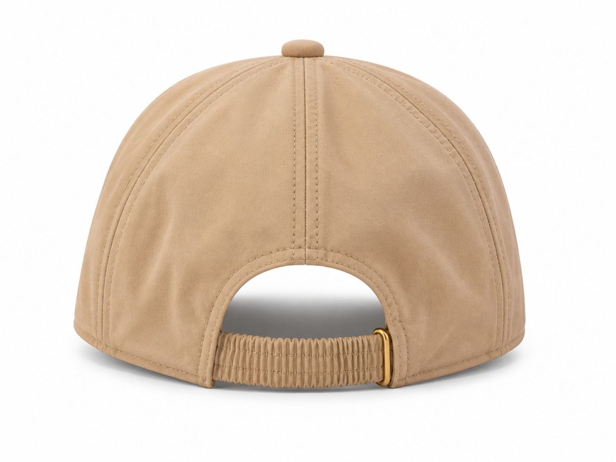 Beige cap shown from the back with an elastic strap and small gold buckle for adjustability