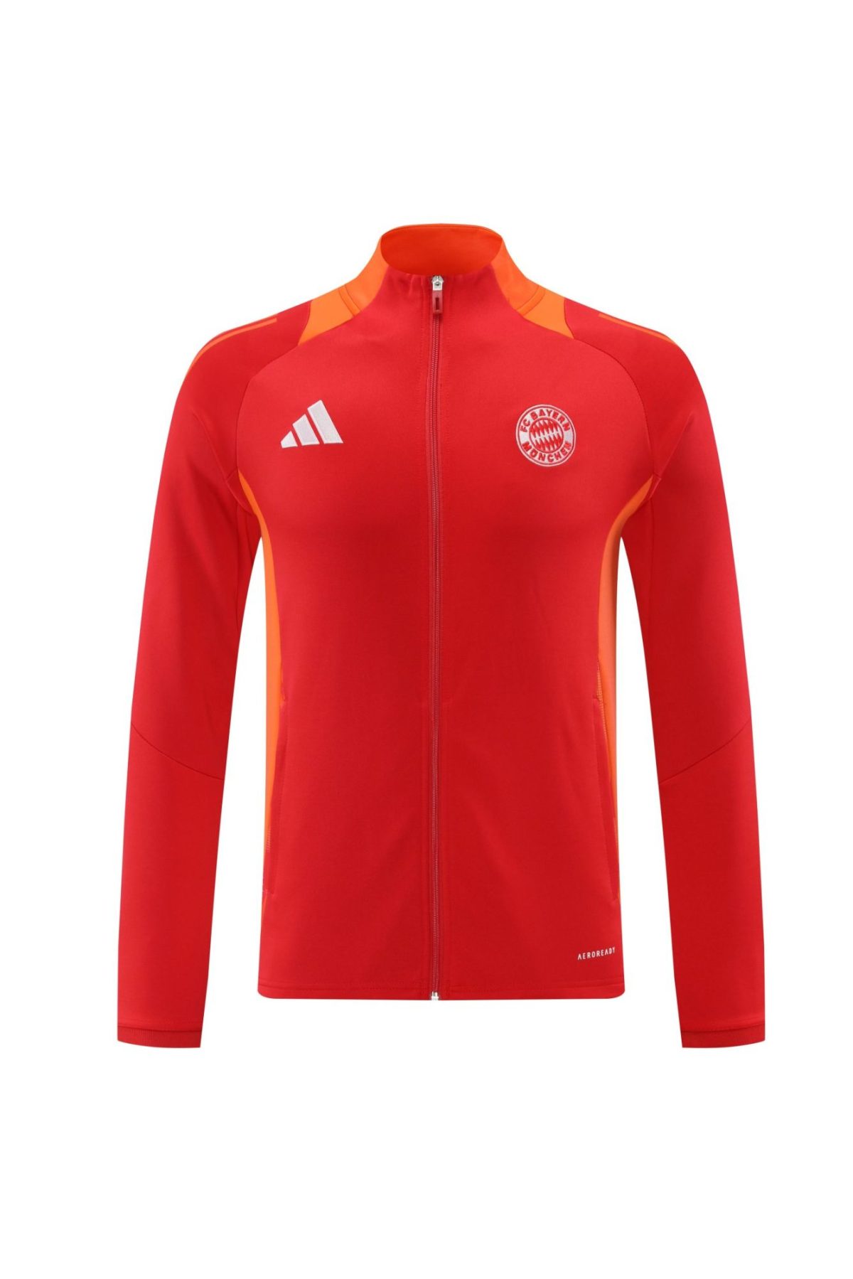 Red Adidas Bayern Munich track jacket with orange shoulder panels and full front zipper, viewed from the front.