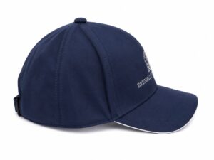 Navy blue baseball cap with back strap and white embroidered logo on the front