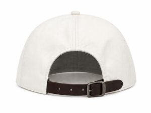 White baseball cap viewed from the back, showing an adjustable brown leather strap with a metal buckle.