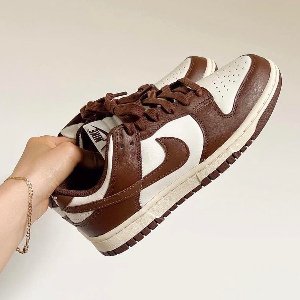 e5d7b6a0-9746-4b4e-857f-b97e45a9113b | UAE SPORT STORE Brown and white Nike sneakers held in a hand, showing the side view with perforated toe and white swoosh logo on brown panels.