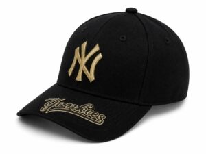 Yankees cap with gold signature logo, black adjustable baseball hat for sports fans.