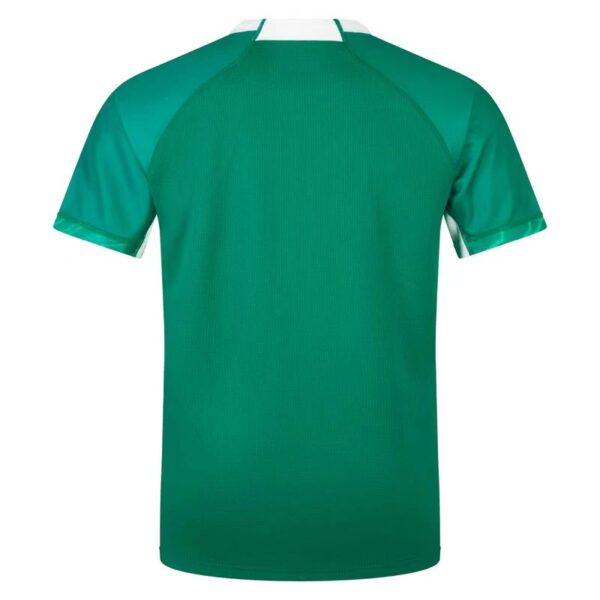 Back view of a green athletic jersey with teal sleeves and white collar trim.