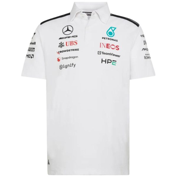 White Mercedes‑AMG Petronas Formula One team polo shirt with sponsor logos on the chest and sleeves, front view.