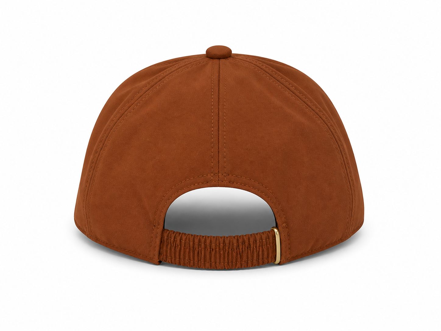 e72db7c7-d81a-445b-ad52-885715042a84 | UAE SPORT STORE Back view of a brown suede baseball cap with an elastic strap and small gold buckle at the back surface styling stitches visible along the panels.