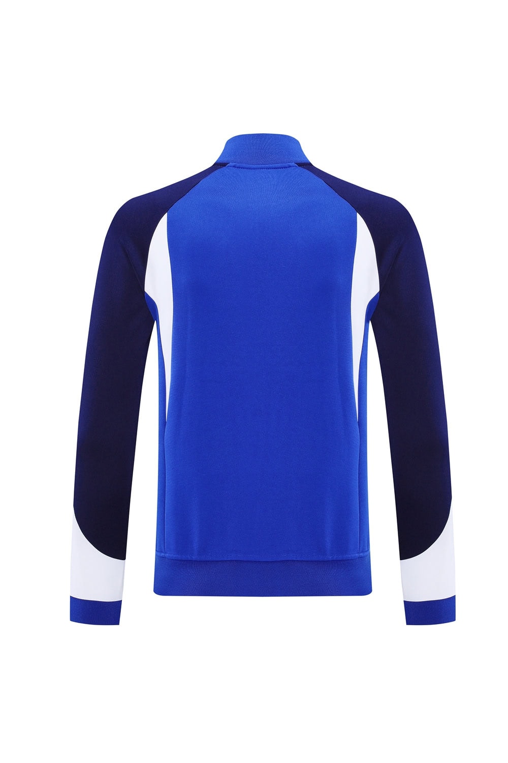 e74a2069 | UAE SPORT STORE Back view of a blue athletic jacket with navy sleeves and white side panels, ribbed hem and cuffs