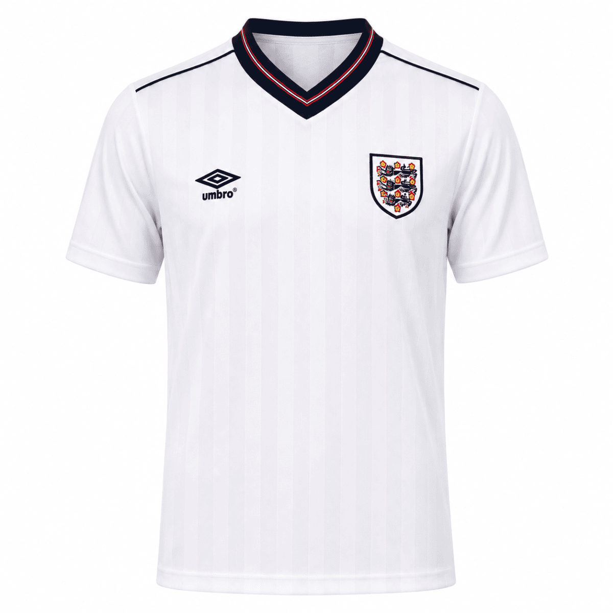 England 1986 World Cup home football kit with white shirt and crest.