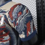 Close-up of patterned fabric with red, blue, and beige swirls and visible stitching, likely part of a garment or gear.