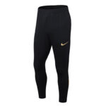 Black Nike athletic joggers with a gold swoosh logo on the left thigh, elastic waistband, tapered cuffs.