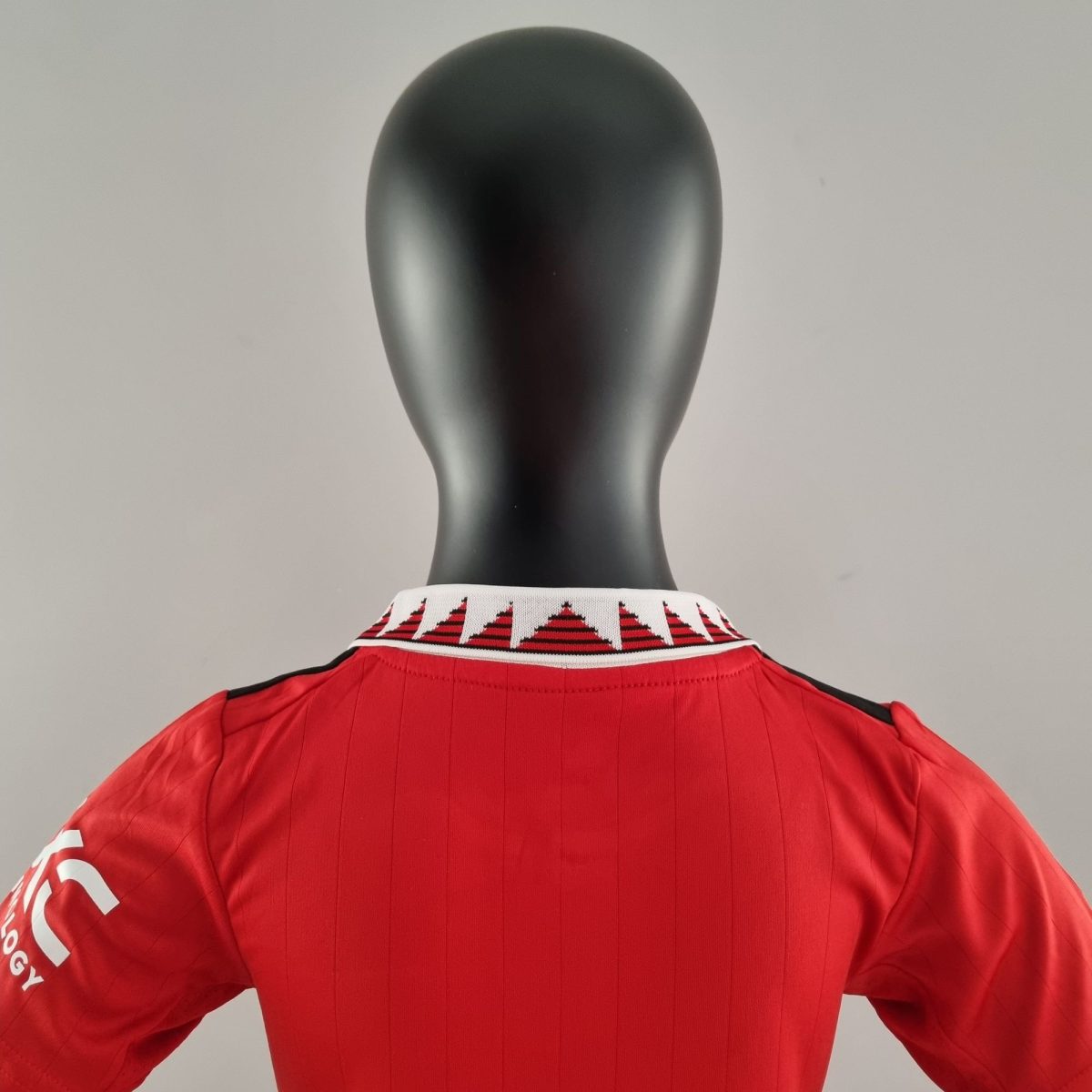 Back view of a black mannequin wearing a red athletic jersey with a white patterned collar; partial white text is visible on the sleeve (ending in 'LOGY').