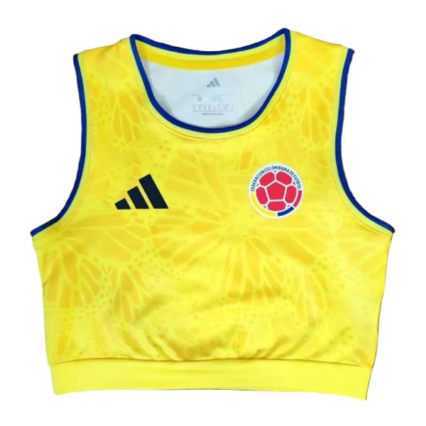 Yellow Adidas training crop top with blue trim and a Colombia football federation crest on the chest