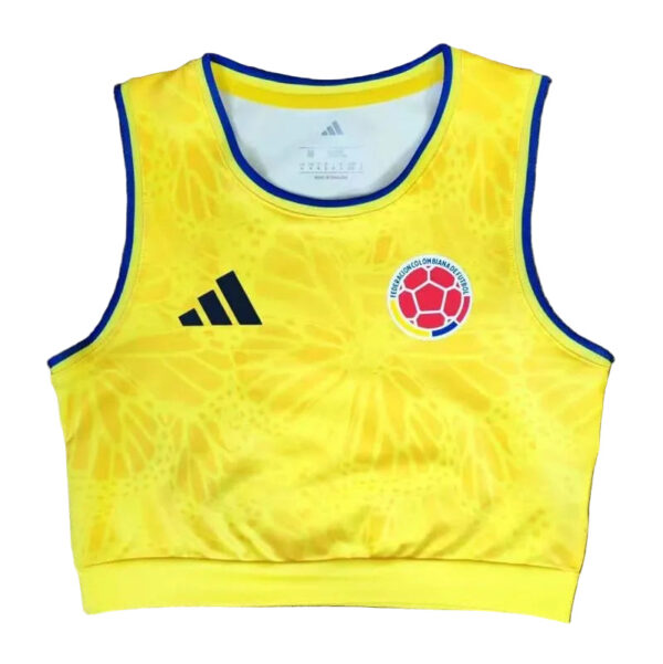 Yellow Adidas training crop top with blue trim and a Colombia football federation crest on the chest