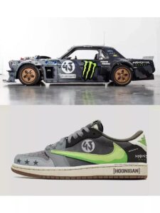 Hoonigan-branded Ford race car with Monster Energy and sponsor logos, shown in a studio setting at top, and a Hoonigan Nike sneaker below with neon green swoosh.