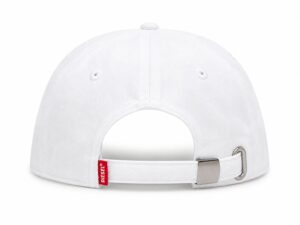Rear view of a white baseball cap showing an adjustable strap with a metal buckle and a red Diesel brand tag