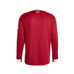 Back view of a red long-sleeve sports jersey with white cuffs and collar and a small crest near the neckline.