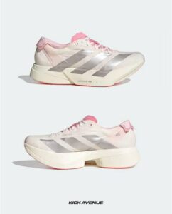 Two pink-and-white sneakers with a chunky sole shown from side and profile; Kick Avenue branding at the bottom of the image.