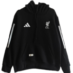 Black Liverpool FC hoodie with Adidas logo, front pocket, and white stripe details on sleeves; drawstring hood and logo on chest read L.F.C.