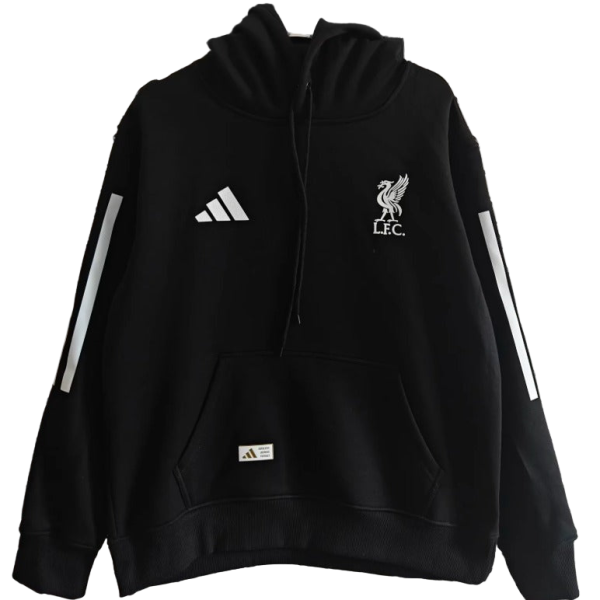 Black Liverpool FC hoodie with Adidas logo, front pocket, and white stripe details on sleeves; drawstring hood and logo on chest read L.F.C.