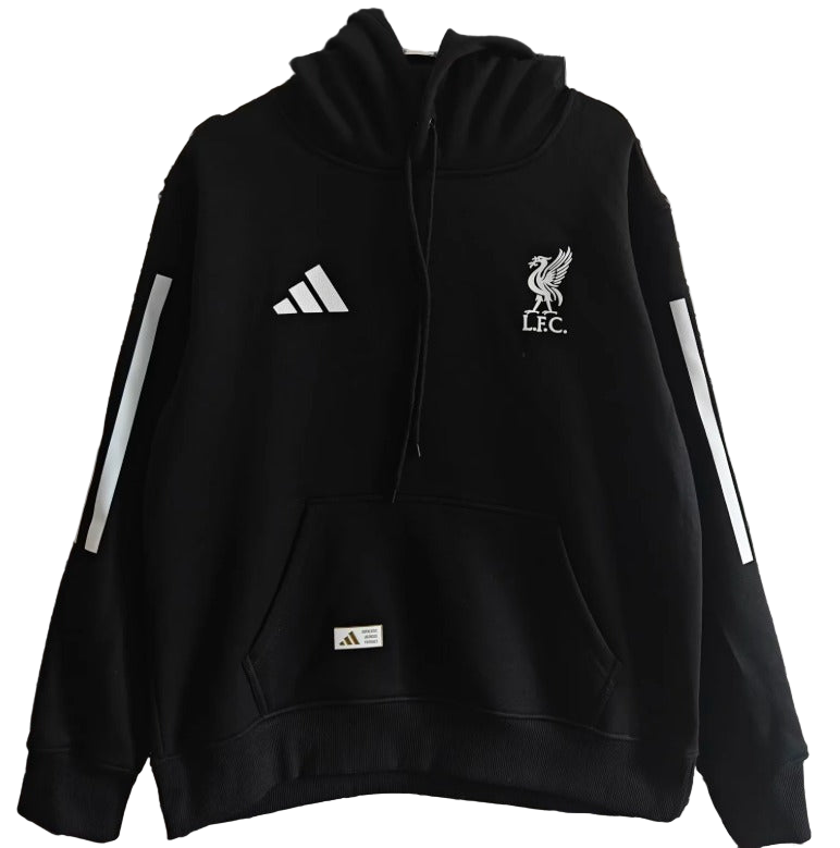 ea151e7b-5c2f-4a2a-b809-c58e4b51469c | UAE SPORT STORE Black Liverpool FC hoodie with Adidas logo, front pocket, and white stripe details on sleeves; drawstring hood and logo on chest read L.F.C.