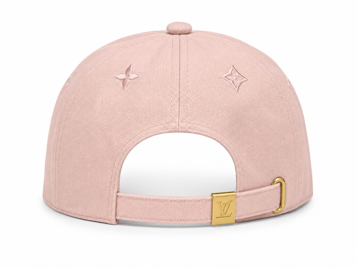 Pink Louis Vuitton baseball cap back view with adjustable strap and gold buckle.