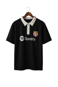 Black polo shirt with a white collar on a wooden hanger, featuring the Spotify logo and FC Barcelona crest on the chest.