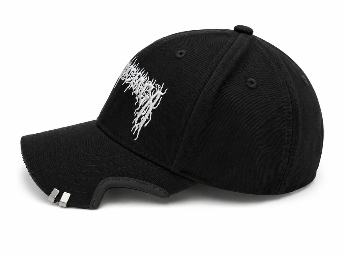Black baseball cap with white embroidered text on the front panel and a curved brim