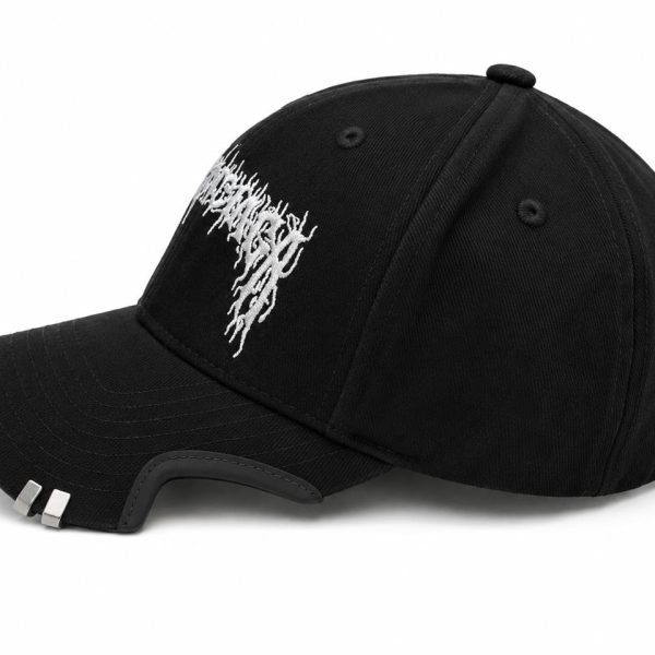 Black baseball cap with white embroidered text on the front panel and a curved brim