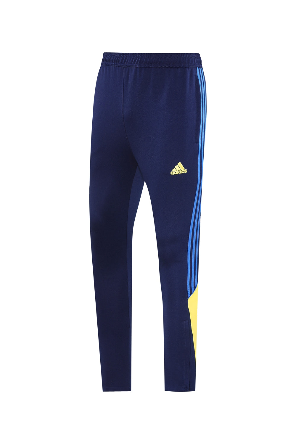 eaec62be | UAE SPORT STORE Navy Adidas track pants with light blue stripes down the sides and a small yellow Adidas logo on the hip.