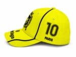 Bright yellow baseball cap with black embroidered '10 PARIS' and crest on the side.