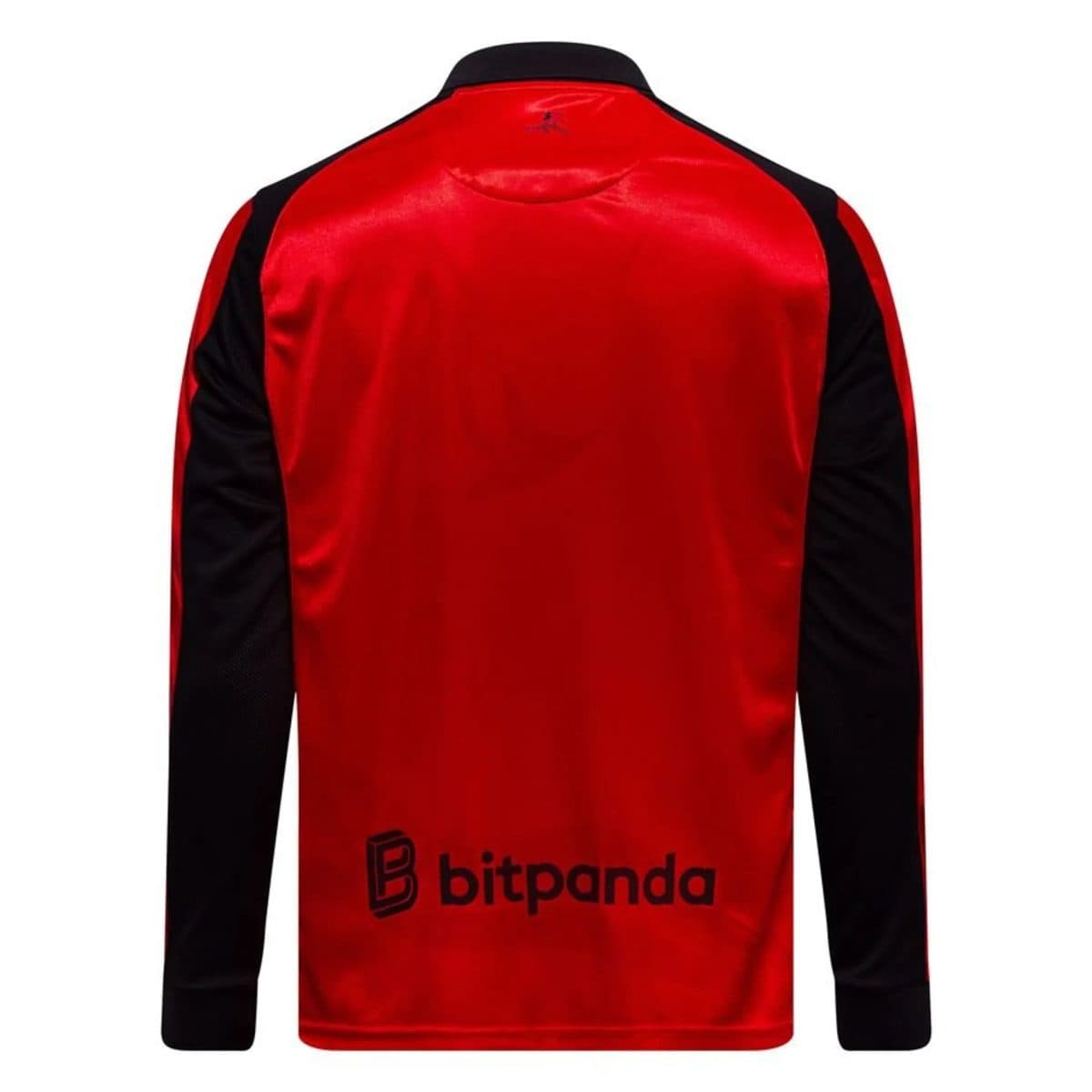 Back view of a red satin jacket with black sleeves and Bitpanda branding at the lower back area.
