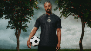 Male soccer player in a dark jersey holds a ball at his side between two fruit trees with red berries in a moody outdoor setting.