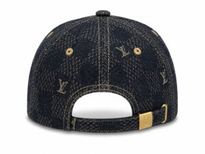 Louis Vuitton denim baseball cap with gold stitching and LV monogram, back buckle adjustment