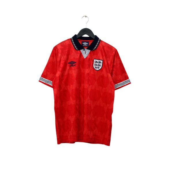 England national football team red jersey on a hanger, displaying the crest and Umbro logo