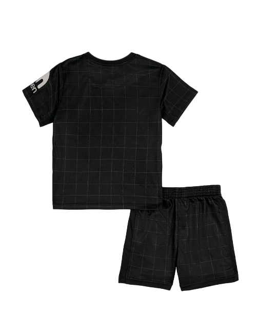 Black grid-pattern short-sleeve T-shirt with matching grid shorts on a white background.