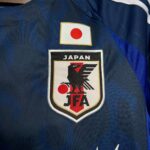 Close-up of a blue sports uniform with a Japanese flag patch (red circle on white) and a 'JAPAN TEAM' emblem beneath it.
