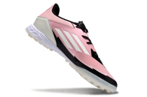 Pink athletic running shoe with white stripes and black sole, angled as if mid-air. TODO: confirms context as product image