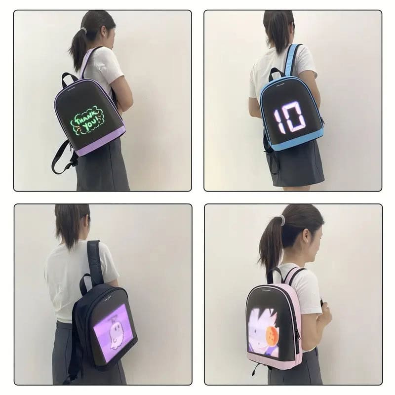 eeb8b021-0d11-40fc-84d3-0929da62103f | UAE SPORT STORE Student wearing a black backpack with lavender trim; the LED front panel glows with a green 'THANK YOU' message, side view from left.