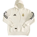 White Real Madrid hoodie with hood, Real Madrid crest on chest, Adidas logo on the right, black stripe accents on sleeves, front pocket, drawstrings visible.