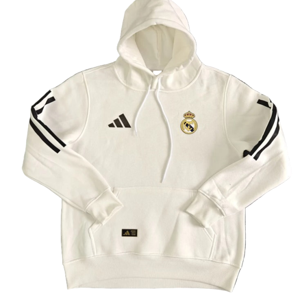 White Real Madrid hoodie with hood, Real Madrid crest on chest, Adidas logo on the right, black stripe accents on sleeves, front pocket, drawstrings visible.