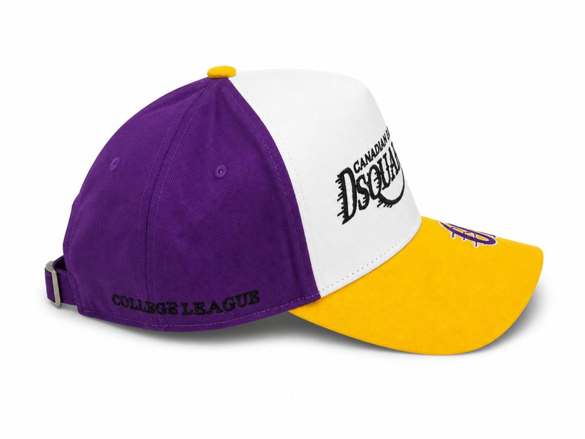 Baseball cap with purple crown, white front panel, and yellow brim; back reads 'COLLEGE LEAGUE'.