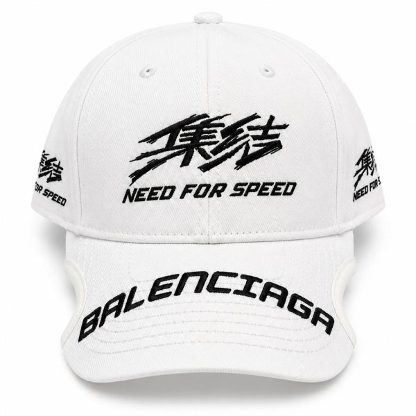 White baseball cap with black embroidery: front features stylized characters and 'NEED FOR SPEED'; curved 'BALENCIAGA' text on the brim; additional small text and logos on the sides.