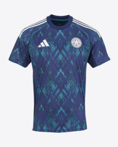 Blue Leicester City football jersey with teal geometric pattern, Adidas logo, and club crest on chest.