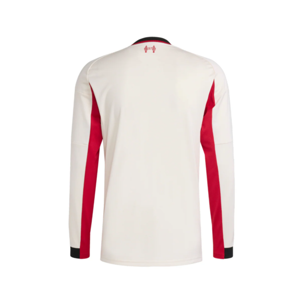Back view of a white long-sleeve athletic jersey with red side panels and black collar trim.